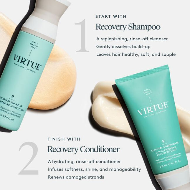 Virtue® Recovery Shampoo works to rebuild damaged hair with each use. It gently dissolves daily build-up while filling in cracks of damage to leave hair healthy, soft, and supple.