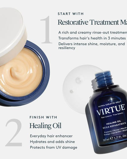 Virtue® Restorative Treatment Mask actively rehabilitates all hair types in need of extra care for an instant infusion of shine, moisture, and resiliency without weighing it down.