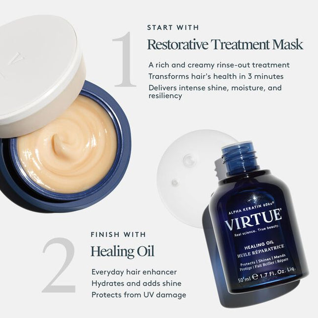 Virtue® Restorative Treatment Mask actively rehabilitates all hair types in need of extra care for an instant infusion of shine, moisture, and resiliency without weighing it down.