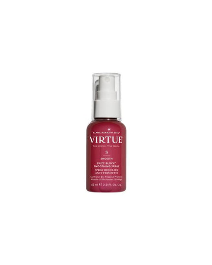 Virtue® Frizz Block Smoothing Spray creates an impenetrable veil of humidity-blocking, frizz-stopping, moisture-locking mist that protects and strengthens strands while sealing the cuticle for 60% frizz reduction lasting up to 72 hours.