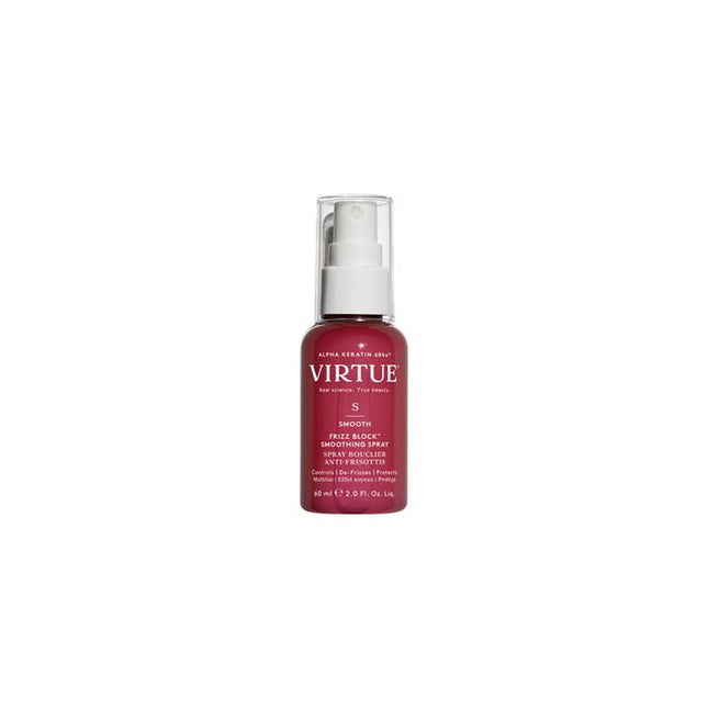 Virtue® Frizz Block Smoothing Spray creates an impenetrable veil of humidity-blocking, frizz-stopping, moisture-locking mist that protects and strengthens strands while sealing the cuticle for 60% frizz reduction lasting up to 72 hours.