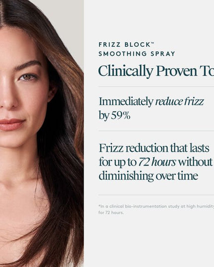 Virtue® Frizz Block Smoothing Spray creates an impenetrable veil of humidity-blocking, frizz-stopping, moisture-locking mist that protects and strengthens strands while sealing the cuticle for 60% frizz reduction lasting up to 72 hours.