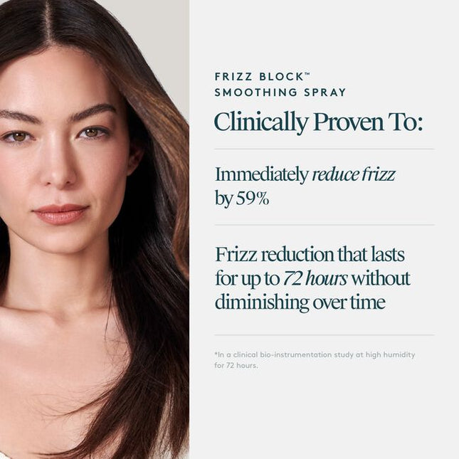 Virtue® Frizz Block Smoothing Spray creates an impenetrable veil of humidity-blocking, frizz-stopping, moisture-locking mist that protects and strengthens strands while sealing the cuticle for 60% frizz reduction lasting up to 72 hours.