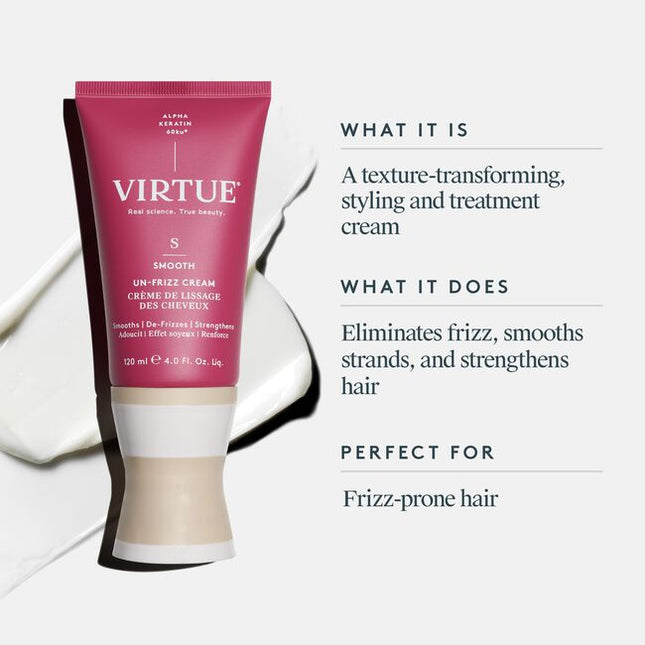 Virtue® Un-Frizz Cream is a leave-in treatment cream that instantly transforms hair’s texture. It conditions and smooths hair, wet or dry, eliminating frizz, protecting from heat, and locking out humidity to keep it sleek all day.