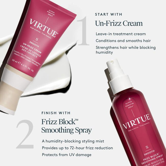 Virtue® Un-Frizz Cream is a leave-in treatment cream that instantly transforms hair’s texture. It conditions and smooths hair, wet or dry, eliminating frizz, protecting from heat, and locking out humidity to keep it sleek all day.