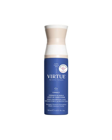 Virtue® Strength &amp; Shield Leave-In Conditioner is a lightweight, leave-in formula that instantly detangles, strengthens fragile strands, boosts elasticity, and shields against damage. Powered by our patented Alpha Keratin 60ku®. This multitasking mist softens, smooths, and reinforces the cuticle—restoring strength and flexibility while protecting strands from heat (up to 450°F), UV rays, and pollution.