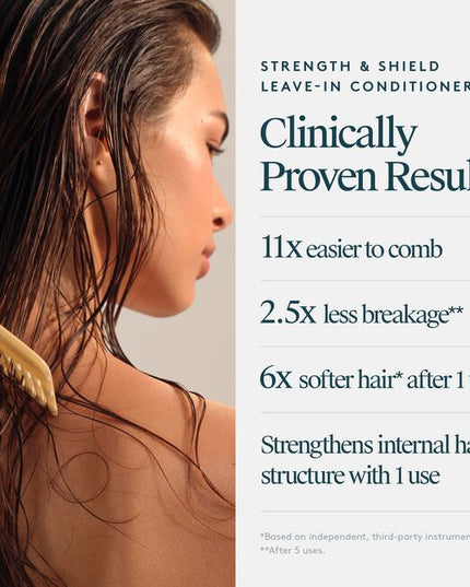 Virtue® Strength &amp; Shield Leave-In Conditioner is a lightweight, leave-in formula that instantly detangles, strengthens fragile strands, boosts elasticity, and shields against damage. Powered by our patented Alpha Keratin 60ku®. This multitasking mist softens, smooths, and reinforces the cuticle—restoring strength and flexibility while protecting strands from heat (up to 450°F), UV rays, and pollution.