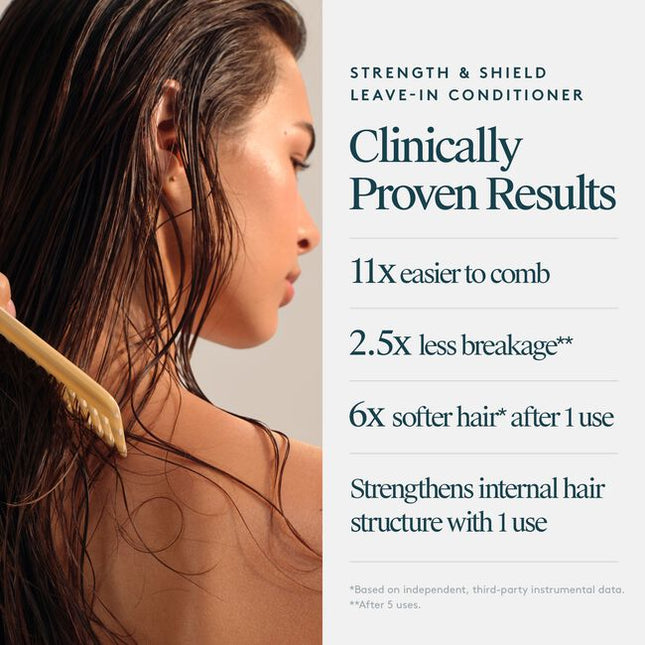 Virtue® Strength &amp; Shield Leave-In Conditioner is a lightweight, leave-in formula that instantly detangles, strengthens fragile strands, boosts elasticity, and shields against damage. Powered by our patented Alpha Keratin 60ku®. This multitasking mist softens, smooths, and reinforces the cuticle—restoring strength and flexibility while protecting strands from heat (up to 450°F), UV rays, and pollution.