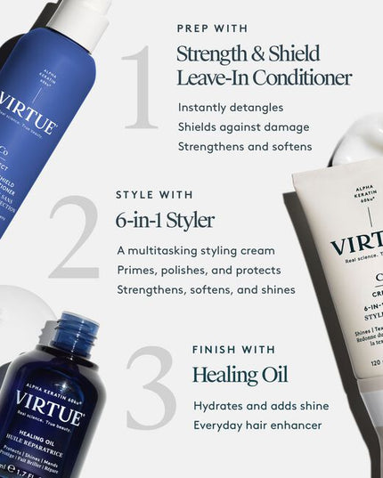 Virtue® Strength &amp; Shield Leave-In Conditioner is a lightweight, leave-in formula that instantly detangles, strengthens fragile strands, boosts elasticity, and shields against damage. Powered by our patented Alpha Keratin 60ku®. This multitasking mist softens, smooths, and reinforces the cuticle—restoring strength and flexibility while protecting strands from heat (up to 450°F), UV rays, and pollution.