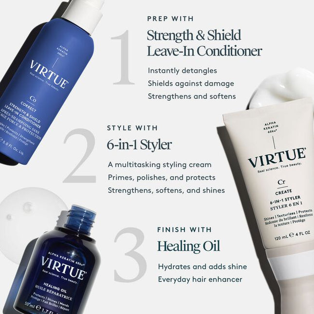 Virtue® Strength &amp; Shield Leave-In Conditioner is a lightweight, leave-in formula that instantly detangles, strengthens fragile strands, boosts elasticity, and shields against damage. Powered by our patented Alpha Keratin 60ku®. This multitasking mist softens, smooths, and reinforces the cuticle—restoring strength and flexibility while protecting strands from heat (up to 450°F), UV rays, and pollution.