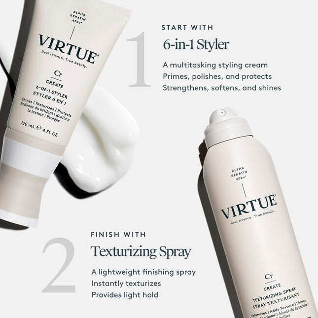 Virtue® Texturizing Spray is a styling spray designed to enhance beautiful definition and polish your look without making hair sticky or dull. This sheer aerosol mist delivers a boost of touchable texture, while Virtue’s patented Alpha Keratin 60ku® protein helps strands form a flexible bond. The result? Texturized hold with no added weight or stickiness.