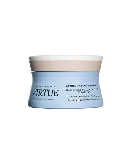 Virtue's scalp is a catchall for accumulated dirt, sebum, and product buildup. Virtue® Exfoliating Scalp Scrub, a light whipped crème, lifts impurities and aged cells to balance and condition without residue. Rice beads and fruit enzymes help exfoliate, while Kalahari melon and jojoba oils help moisturize. Alpha Keratin 60ku® repairs hair with every use.