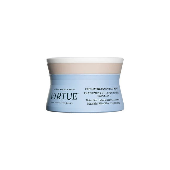 Virtue's scalp is a catchall for accumulated dirt, sebum, and product buildup. Virtue® Exfoliating Scalp Scrub, a light whipped crème, lifts impurities and aged cells to balance and condition without residue. Rice beads and fruit enzymes help exfoliate, while Kalahari melon and jojoba oils help moisturize. Alpha Keratin 60ku® repairs hair with every use.