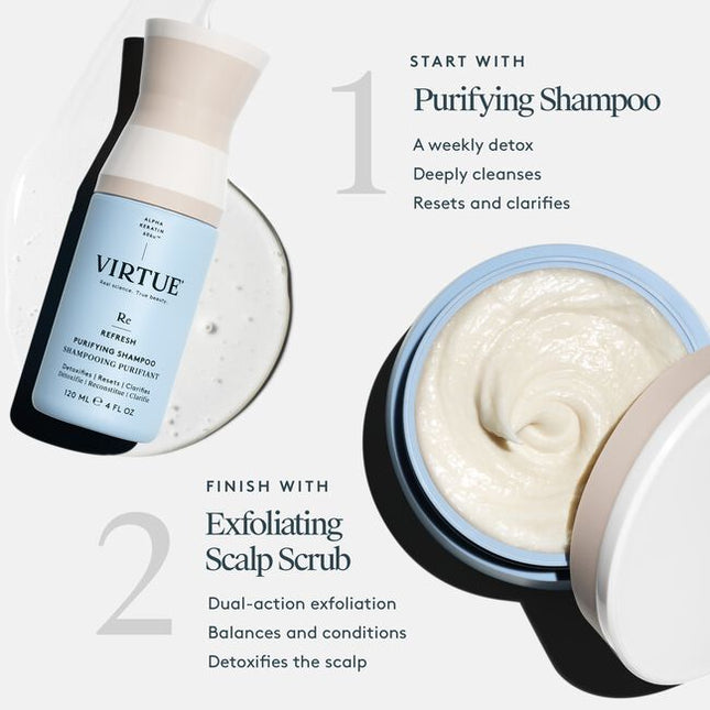 Virtue's scalp is a catchall for accumulated dirt, sebum, and product buildup. Virtue® Exfoliating Scalp Scrub, a light whipped crème, lifts impurities and aged cells to balance and condition without residue. Rice beads and fruit enzymes help exfoliate, while Kalahari melon and jojoba oils help moisturize. Alpha Keratin 60ku® repairs hair with every use.