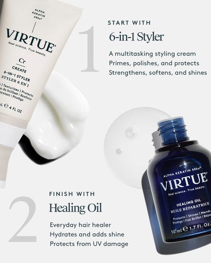 Virtue® 6-in-1 Styler is a universal styling cream that truly does it all. It primes hair to add softness, shine, and light hydration while strengthening, polishing, and protecting from heat. It also works to help set and seal style for that ideal finishing touch of polish.