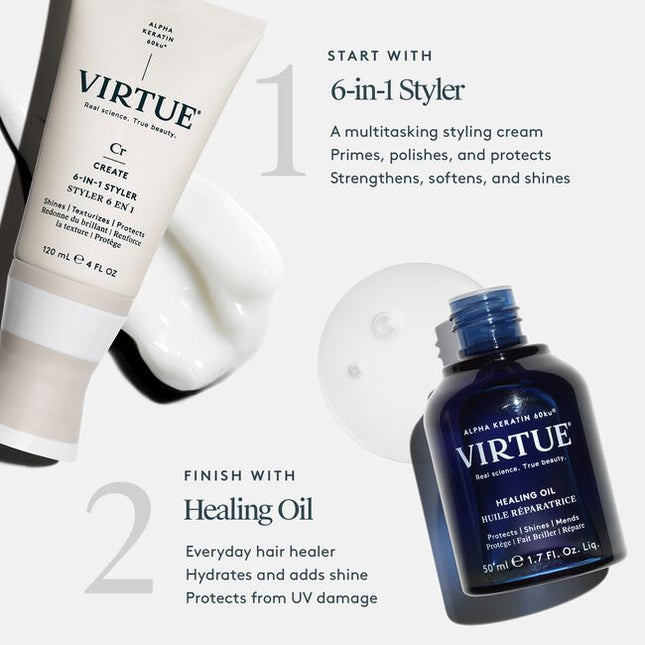 Virtue® 6-in-1 Styler is a universal styling cream that truly does it all. It primes hair to add softness, shine, and light hydration while strengthening, polishing, and protecting from heat. It also works to help set and seal style for that ideal finishing touch of polish.