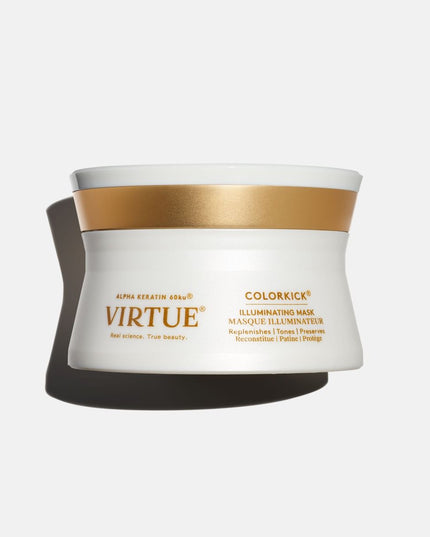 Virtue ColorKick Illuminating Mask protects and maintains hair color between services by providing intense hydration, reflective luminosity, and color vibrancy, as well as solar and heat protection to keep shades from dulling and drying out.