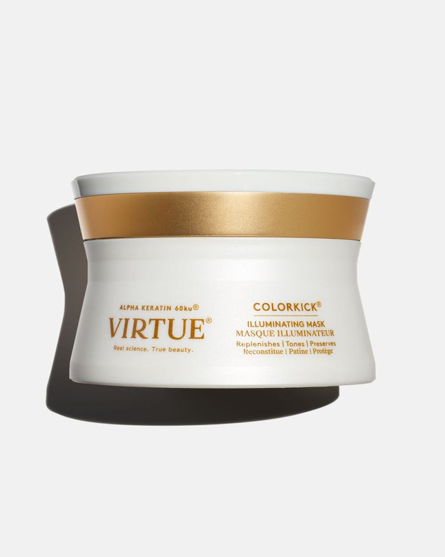 Virtue ColorKick Illuminating Mask protects and maintains hair color between services by providing intense hydration, reflective luminosity, and color vibrancy, as well as solar and heat protection to keep shades from dulling and drying out.