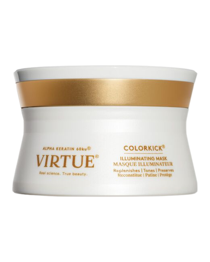 Virtue ColorKick Illuminating Mask protects and maintains hair color between services by providing intense hydration, reflective luminosity, and color vibrancy, as well as solar and heat protection to keep shades from dulling and drying out.