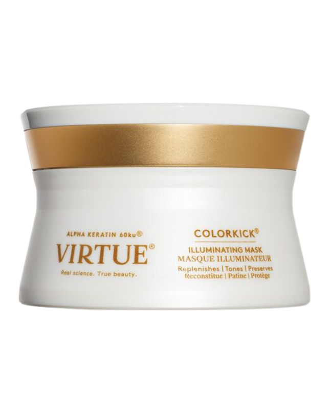 Virtue ColorKick Illuminating Mask protects and maintains hair color between services by providing intense hydration, reflective luminosity, and color vibrancy, as well as solar and heat protection to keep shades from dulling and drying out.