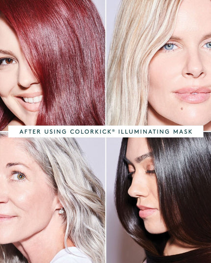 Virtue ColorKick Illuminating Mask protects and maintains hair color between services by providing intense hydration, reflective luminosity, and color vibrancy, as well as solar and heat protection to keep shades from dulling and drying out.