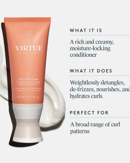 Virtue® Curl Conditioner weightlessly detangles, de-frizzes, nourishes, and hydrates without weighing down curls. It repairs cuticle damage, rejuvenates elasticity, and protects against humidity, heat, and environmental damage for soft, silky, and strong curls.