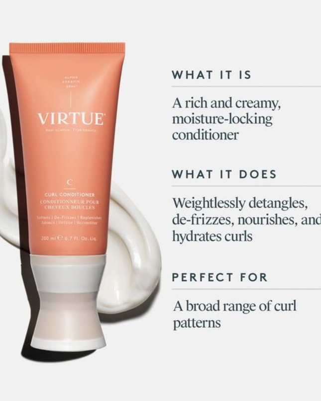 Virtue® Curl Conditioner weightlessly detangles, de-frizzes, nourishes, and hydrates without weighing down curls. It repairs cuticle damage, rejuvenates elasticity, and protects against humidity, heat, and environmental damage for soft, silky, and strong curls.