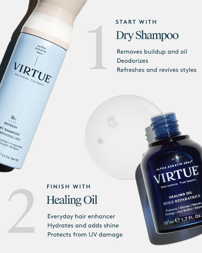 Virtue® Dry Shampoo is an invisible, dry-mist aerosol that soaks up excess oils while infusing hair with health-boosting Alpha Keratin 60ku® protein, leaving hair and scalp refreshed and clean to the touch.