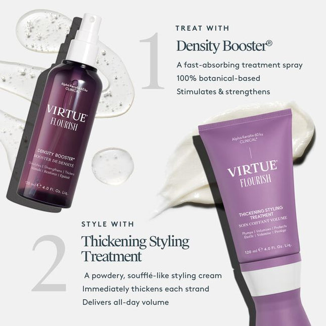 Virtue® Flourish® Density Booster is a potent, botanical-based nutrient infusion for the scalp that targets follicles and protects fine, fragile hairs so they thicken and thrive. Use once daily.