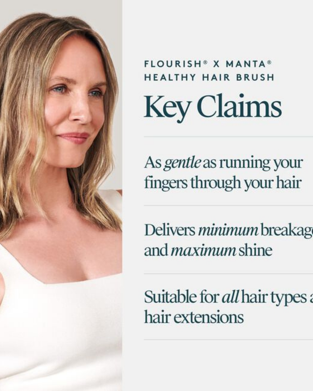 Uniquely designed for fragile hair, the revolutionary Manta brush bends and molds to the shape of your hand and scalp, creating less tension on each strand. Its flexible bristles gently massage the scalp and glide seamlessly through the hair, minimizing breakage and restoring a youthful, silky shine.