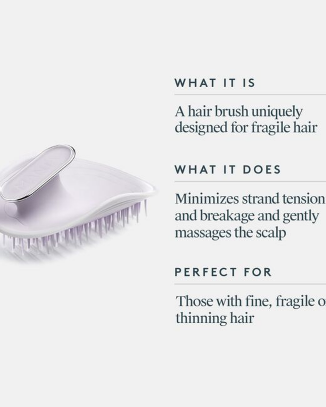 Uniquely designed for fragile hair, the revolutionary Manta brush bends and molds to the shape of your hand and scalp, creating less tension on each strand. Its flexible bristles gently massage the scalp and glide seamlessly through the hair, minimizing breakage and restoring a youthful, silky shine.