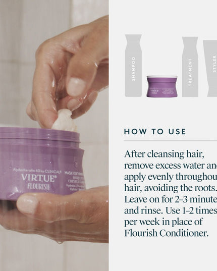 The Flourish® Mask for Thinning Hair is a whipped and creamy yet weightless treatment formulated for a range of thinning textures. It strengthens strands and supports healthy hair growth––all while intensely hydrating to leave hair stronger, shinier, and silky-soft to help prevent breakage.