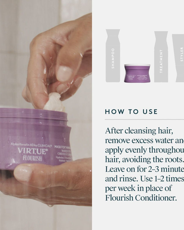 The Flourish® Mask for Thinning Hair is a whipped and creamy yet weightless treatment formulated for a range of thinning textures. It strengthens strands and supports healthy hair growth––all while intensely hydrating to leave hair stronger, shinier, and silky-soft to help prevent breakage.