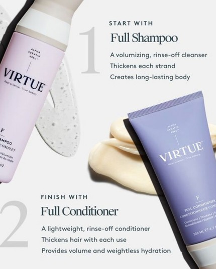 Virtue® Full Shampoo works to add volume while it cleanses. It dissolves excess oil, lifts the roots, and plumps each strand for weightless, long-lasting body.