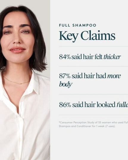 Virtue® Full Shampoo works to add volume while it cleanses. It dissolves excess oil, lifts the roots, and plumps each strand for weightless, long-lasting body.