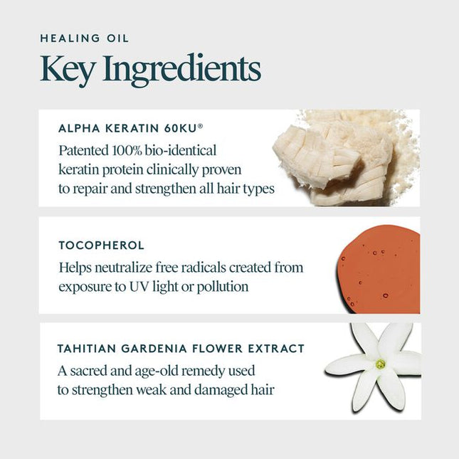 Virtue® Healing Oil is a unique blend of pure, hydrating super oils and Virtue’s hair-healing Alpha Keratin 60ku® in one bottle. This lightweight serum instantly delivers the shine, softness, and moisturization expected from a hair oil with the damage repair, strengthening, and environmental protection that only our protein can provide. 