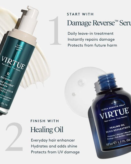Virtue® Healing Oil is a unique blend of pure, hydrating super oils and Virtue’s hair-healing Alpha Keratin 60ku® in one bottle. This lightweight serum instantly delivers the shine, softness, and moisturization expected from a hair oil with the damage repair, strengthening, and environmental protection that only our protein can provide. 