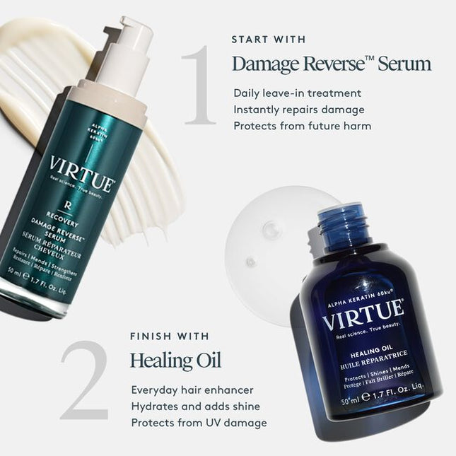Virtue® Healing Oil is a unique blend of pure, hydrating super oils and Virtue’s hair-healing Alpha Keratin 60ku® in one bottle. This lightweight serum instantly delivers the shine, softness, and moisturization expected from a hair oil with the damage repair, strengthening, and environmental protection that only our protein can provide. 