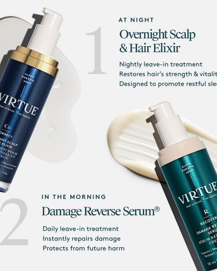  Virtue® Overnight Scalp &amp; Hair Elixir is a transformative nightly leave-in serum that restores and revitalizes the scalp barrier and hair health while you sleep, because true luminosity starts at the roots. 