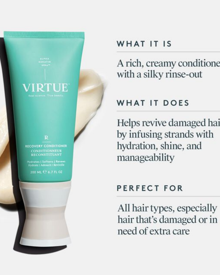 Virtue® Recovery Conditioner is a rich, luxurious conditioner that helps bring damaged hair back to life. It reconstructs frayed cuticles and brittle ends, infusing hair with softness, shine, and manageability.