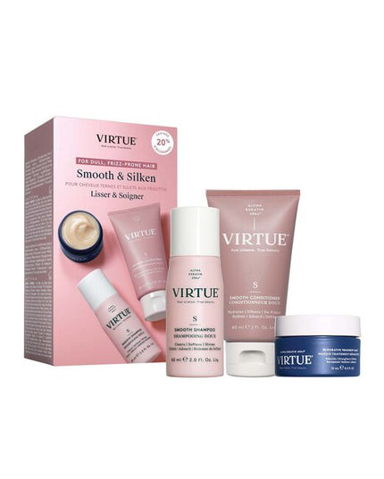 Smooth the look of unruly flyaways and stray hairs with the&nbsp;VIRTUE Smooth Discovery&nbsp;Set. The set unites a travel-sized&nbsp;trio of&nbsp;formulas, designed to improve hair’s manageability, visible smoothness and shine.