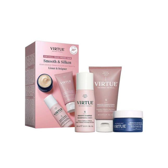 Smooth the look of unruly flyaways and stray hairs with the&nbsp;VIRTUE Smooth Discovery&nbsp;Set. The set unites a travel-sized&nbsp;trio of&nbsp;formulas, designed to improve hair’s manageability, visible smoothness and shine.
