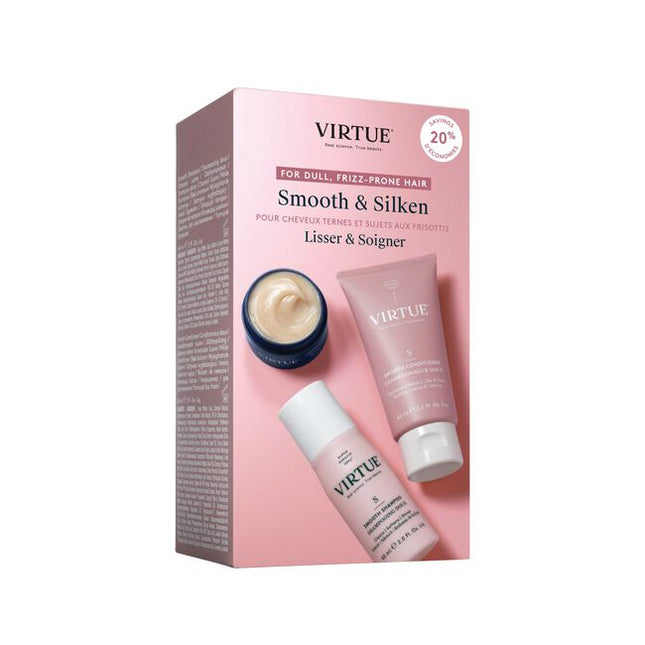 Smooth the look of unruly flyaways and stray hairs with the&nbsp;VIRTUE Smooth Discovery&nbsp;Set. The set unites a travel-sized&nbsp;trio of&nbsp;formulas, designed to improve hair’s manageability, visible smoothness and shine.