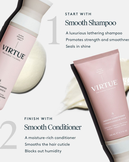 Virtue® Smooth Shampoo works to both cleanse and refine textured hair. Infused with restorative ingredients, it de-frizzes strand by strand to seal in moisture and shine.