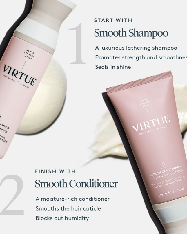 Virtue® Smooth Shampoo works to both cleanse and refine textured hair. Infused with restorative ingredients, it de-frizzes strand by strand to seal in moisture and shine.
