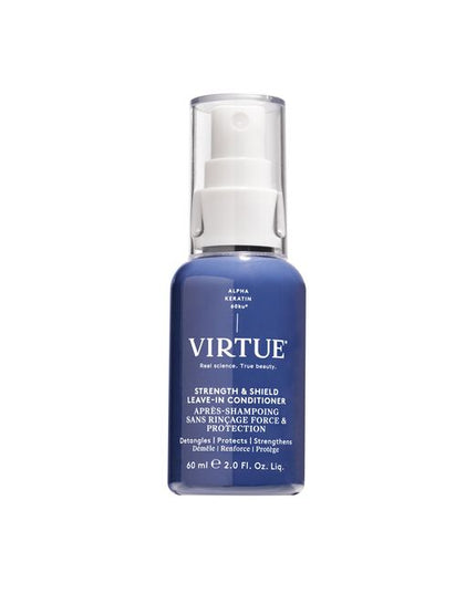Virtue® Strength & Shield Leave-In Conditioner is a lightweight, leave-in formula that instantly detangles, strengthens fragile strands, boosts elasticity, and shields against damage. Powered by our patented Alpha Keratin 60ku®. This multitasking mist softens, smooths, and reinforces the cuticle—restoring strength and flexibility while protecting strands from heat (up to 450°F), UV rays, and pollution.