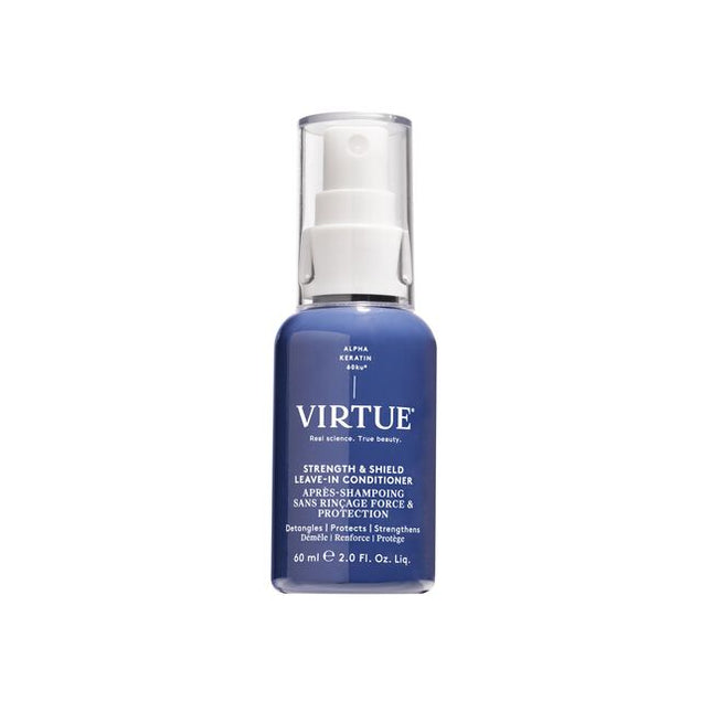 Virtue® Strength & Shield Leave-In Conditioner is a lightweight, leave-in formula that instantly detangles, strengthens fragile strands, boosts elasticity, and shields against damage. Powered by our patented Alpha Keratin 60ku®. This multitasking mist softens, smooths, and reinforces the cuticle—restoring strength and flexibility while protecting strands from heat (up to 450°F), UV rays, and pollution.