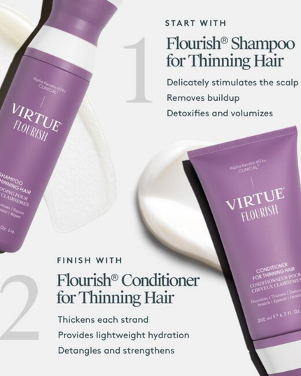Virtue® Flourish® Conditioner for Thinning Hair is a lightweight hair strengthener, hydrator, and detangler in one. Nourishes and thickens fine, fragile strands without weighing down hair.