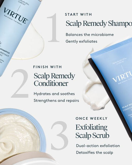  Virtue® Scalp Remedy Conditioner hydrates and nourishes from roots to ends while balancing the scalp’s delicate ecosystem so hair grows stronger and healthier. 