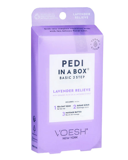 Voesh Lavender Relieve Pedi in a Box Basic (3 Step Kit)

Kit Contains:
(1) Salt Soak Pack
(1) Sugar Scrub Pack
(1) Massage Butter Pack